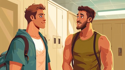 Handsome Athletic Men Having a Conversation in Locker Room Cartoon Illustration