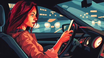 Joyful woman using smartphone in car - Cartoon Illustration