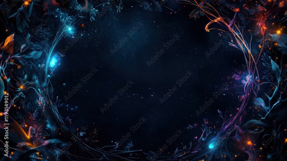 Poster enchanted fantasy background with mystical patterns and colorful borders for creative projects