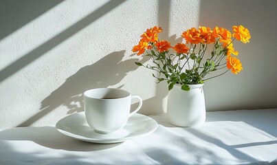 Fototapeta premium White cup, orange flowers in vase on table, sunlight window shadows, peaceful morning routine