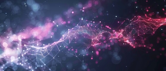 Futuristic network of glowing nodes and connections on a gradient background. Ideal for presentations and articles about networking, big data and cybersecurity.