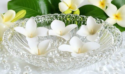 White flowers in glass bowl, spa setting with tropical leaves and blossoms