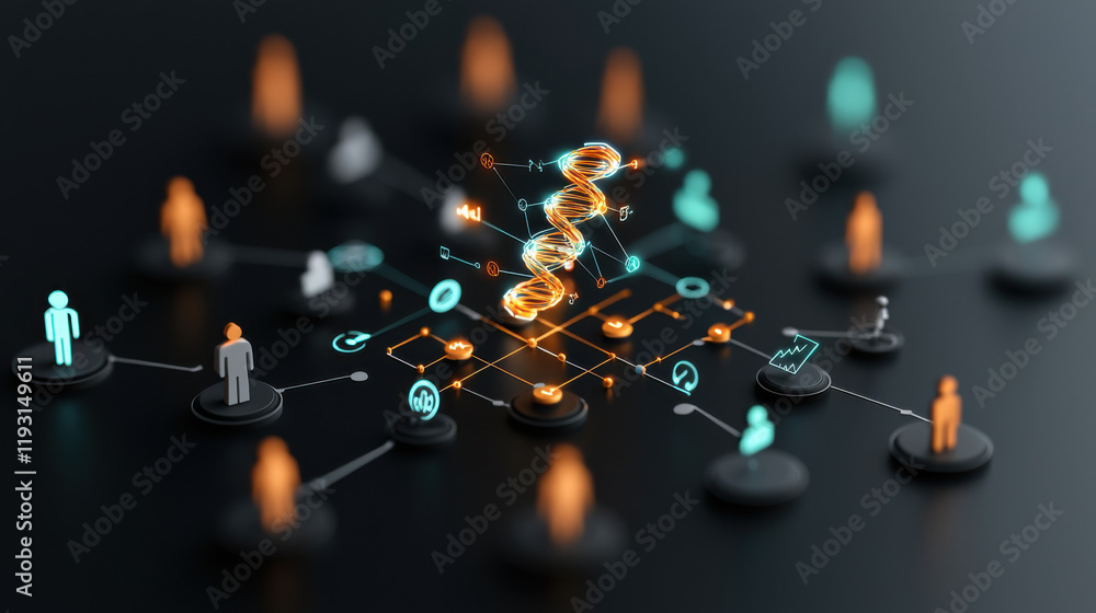 Aufkleber bold depiction of innovation in global health featuring interconnected figures and dna helix, symbol