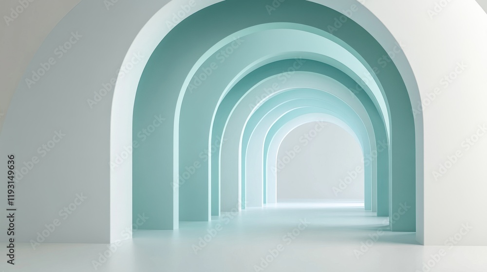Poster Smooth pastel gray and teal arcs create a serene architectural passageway in a minimalist space