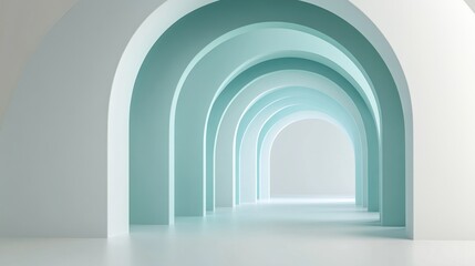 Smooth pastel gray and teal arcs create a serene architectural passageway in a minimalist space