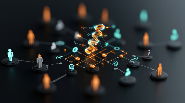 bold depiction of innovation in global health featuring interconnected figures and DNA helix, symbolizing collaboration and advancement in healthcare technology