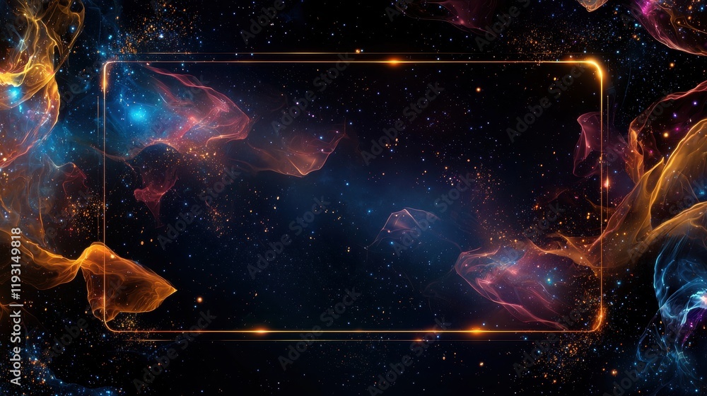 Aufkleber fantasy background with glowing celestial elements and colorful borders for creative projects