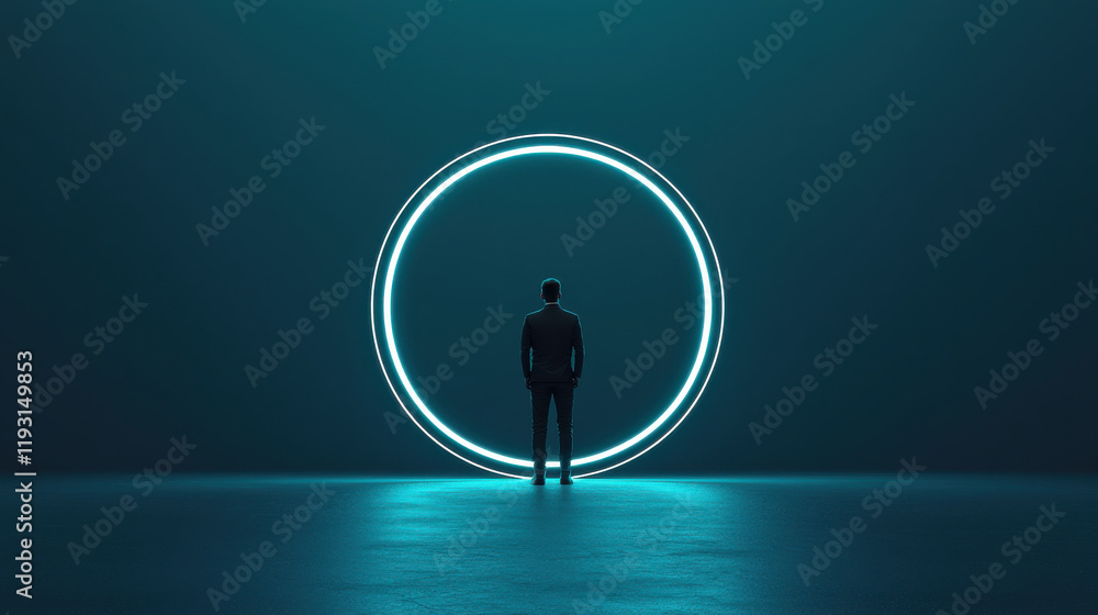 Poster person stands in front of glowing circular light, symbolizing innovation and possibilities. serene atmosphere evokes sense of wonder and exploration