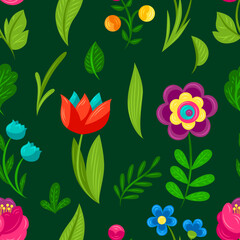 Pattern with pretty flowers. Beautiful decorative natural plants and leaves.