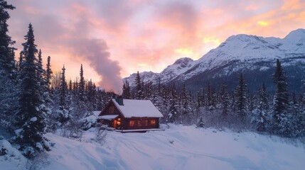 Snowy mountain cabin with smoke rising in the winter twilight sky