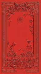 Obraz premium Elegant Red Border Design Featuring Flora and Fauna Motifs for Celebrating Chinese New Year, Ideal for Festive Invitations and Decorations