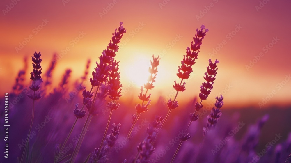 Poster vibrant sunset over a lavender field creating a stunning display of colors and serenity in nature