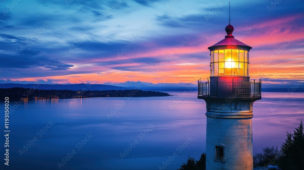 Poster lighthouse illuminating the ocean at sunset with vibrant clouds and distant shoreline