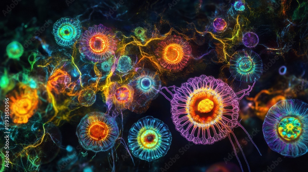 Aufkleber magnified view of vibrant viruses showcasing intricate details in scientific style. generative ai