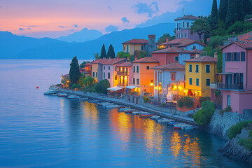 Obraz premium Village côtier tranquille au crépuscule avec lanternes et vagues paisibles