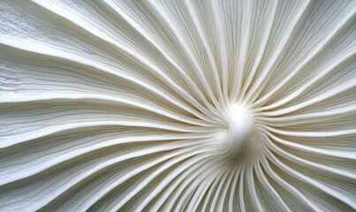 White mushroom gills spiral close-up, nature background, macro texture design