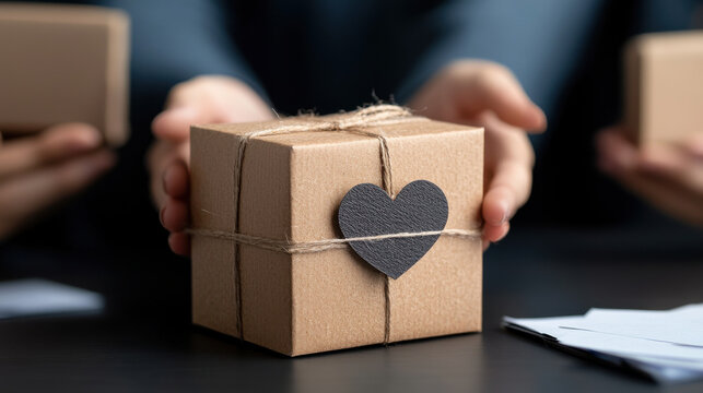 person holding gift box with heart tag, symbolizing generosity and kindness. scene reflects spirit of giving and community support