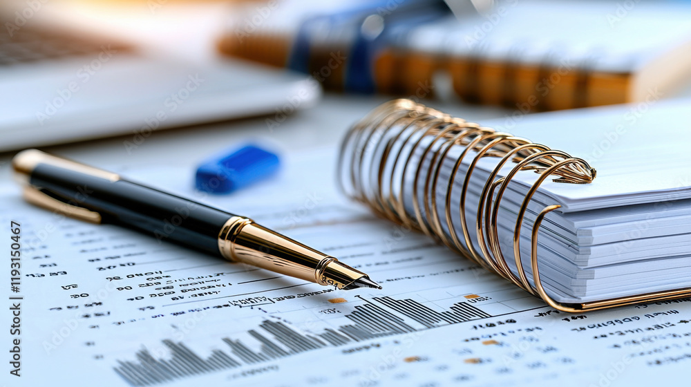 Poster business manager reviewing financial data with pen, notebook, and charts. scene captures professional workspace focused on analysis and planning