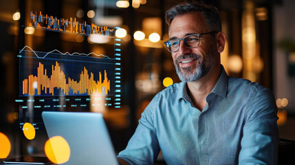 business executive analyzing global economic trends with laptop, smiling at data visualizations. scene reflects modern office environment with warm lighting