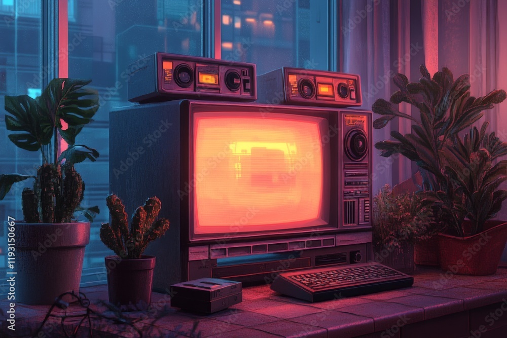 Poster a pixel art depiction of a retro tv setup with animated vhs tapes, a glowing screen, and nostalgic 8