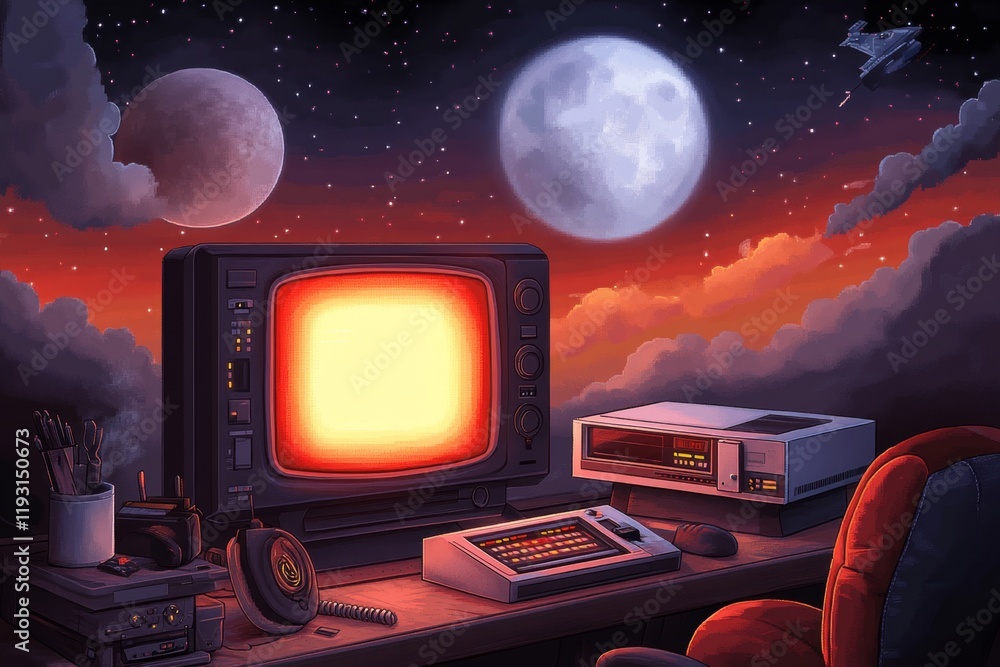 Poster a pixel art depiction of a retro tv setup with animated vhs tapes, a glowing screen, and nostalgic 8