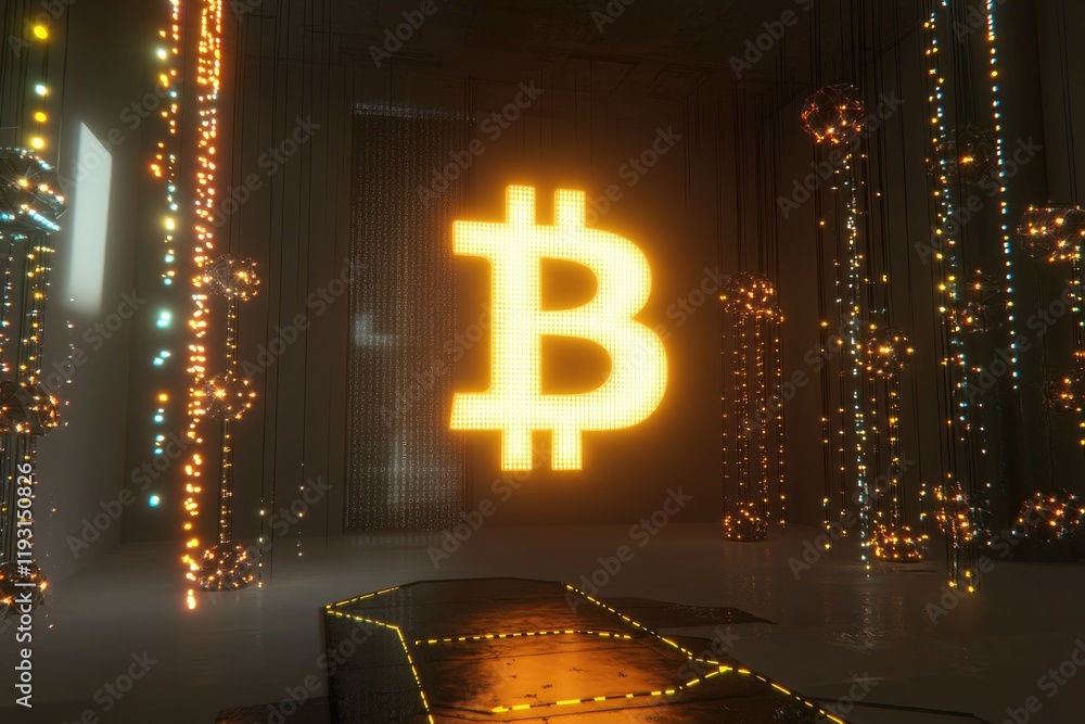 Poster futuristic holographic bitcoin symbol floating in dark room surrounded by glowing blockchain nodes