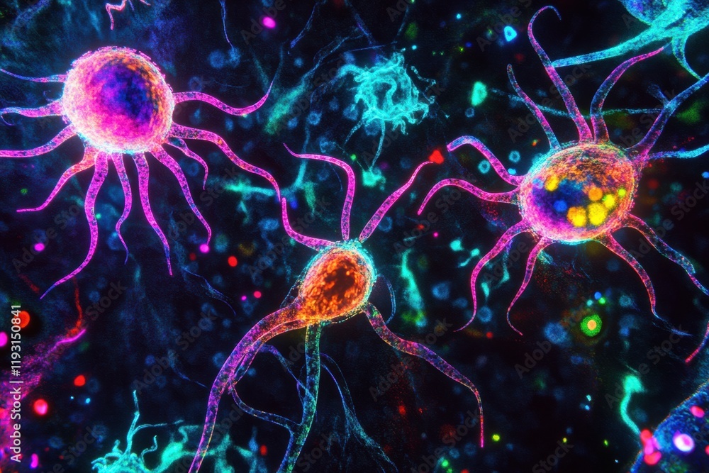 Poster colorful magnified view of viruses displaying intricate structures and dynamic forms under scientifi