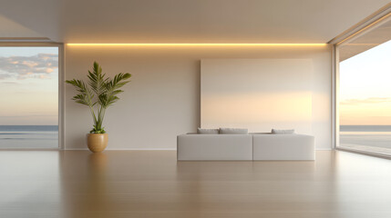 Fototapeta premium Elegant modern interior with ocean view at sunset showcasing minimalist design elements