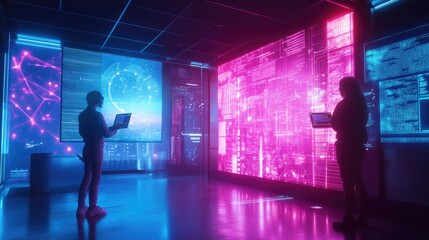 futuristic laboratory bathed in colorful holographic lights showcasing researchers interacting with glowing augmented