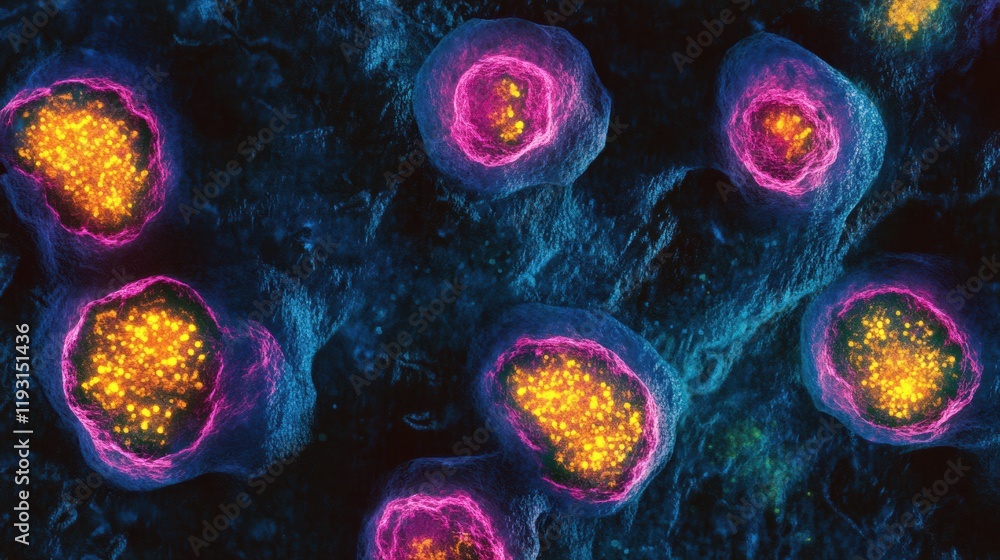 Poster magnified view of colorful viruses showcasing intricate structures and vibrant details in a scientif
