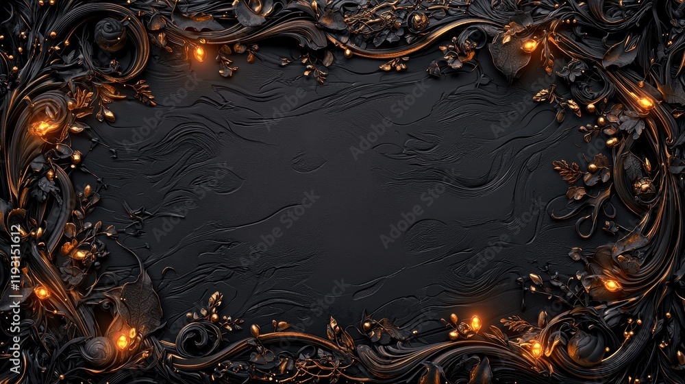 Poster enchanted medieval fantasy border with intricate details and glowing elements in dark background