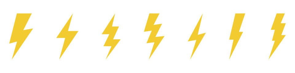 Vector electric lightning bolt logo set isolated on white background for electric power symbol, poster, t shirt. Thunder icon. Storm pictogram.
