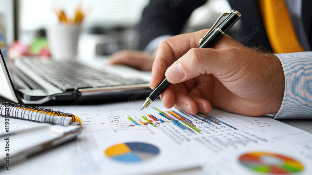 Aufkleber businessperson taking notes while reviewing market analysis reports, showcasing graphs and charts on