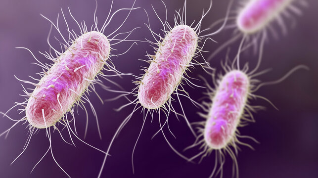 Close-up view of salmonella bacteria under a microscope, showcasing vibrant colors and rod-shaped structure, representing microbiology and scientific research concepts.