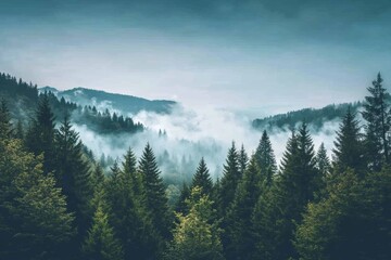 Misty Mountain Forest Panorama: A Serene Escape into Nature's Embrace