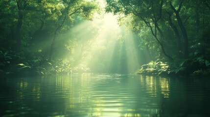 Obraz premium Enchanting Sunlit Forest Landscape with Flowing River and Lush Green Foliage A peaceful and serene natural scene with warm sun rays filtering through the verdant trees