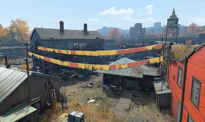 Colorful banners strung across dilapidated buildings in deserted town under clear sky