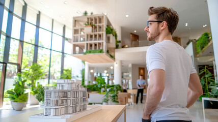 Fototapeta premium modern workspace featuring man observing architectural blueprints and model. bright environment is filled with greenery