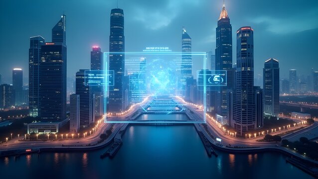 Futuristic cityscape with augmented reality elements overlaying real-world structures