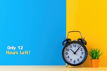An alarm clock is placed on a table right next to a potted plant. Limited time offer – act now