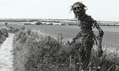Decaying scarecrow by rural path, overlooking fields
