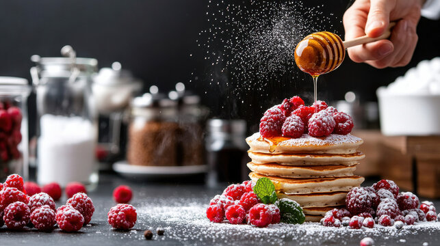 Fluffy pancakes topped with fresh raspberries and drizzled with honey, creating delicious and inviting breakfast scene. powdered sugar adds touch of sweetness - Powered by Adobe