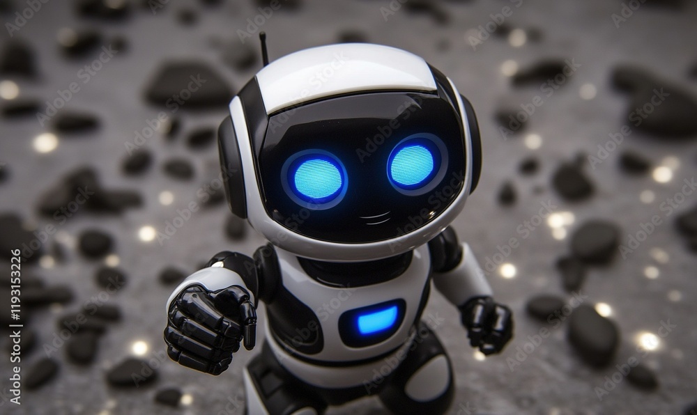 Poster cute robot pointing forward on rocky terrain, ideal for tech or ai projects