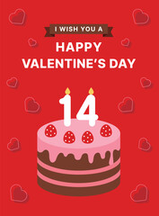 A banner illustration for Valentine's Day, a day when lovers give each other chocolates. Illustration of a strawberry chocolate cake with a number 14 candle on a heart-shaped pattern background.