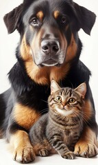 Obraz premium Dog and cat posing together on white background, ideal for pet adoption campaigns