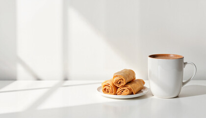 Pastry rolls and coffee cup on white table