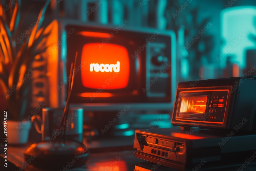 Aufkleber A retro TV playing static noise, with a VHS player displaying a glowing red 