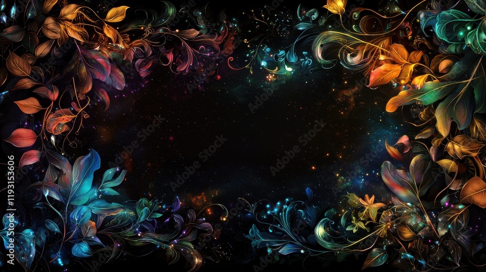 Poster whimsical and mythical fantasy borders with colorful designs and cosmic elements on a dark backgroun
