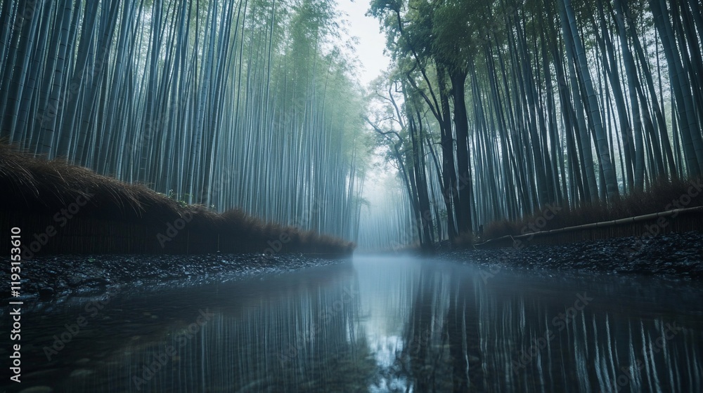 Poster misty bamboo forest path with stream reflection.