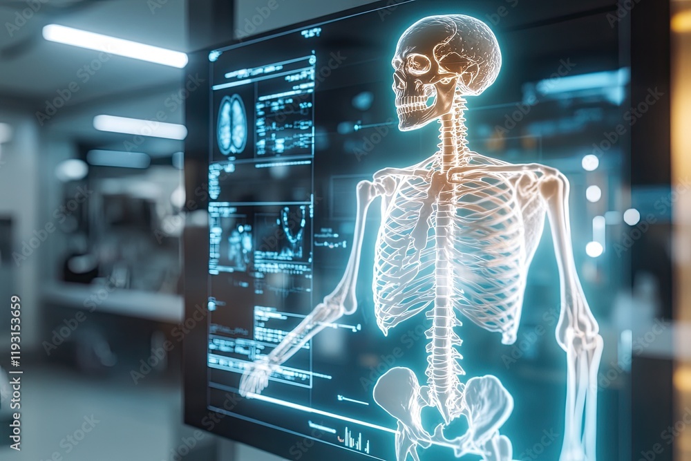 Aufkleber glowing skeletal model displayed on digital screen in diagnostic lab with soft lighting creating foc